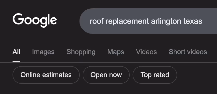 A screenshot of a Google search result showing the new Online estimates button below a search for roof replacement.